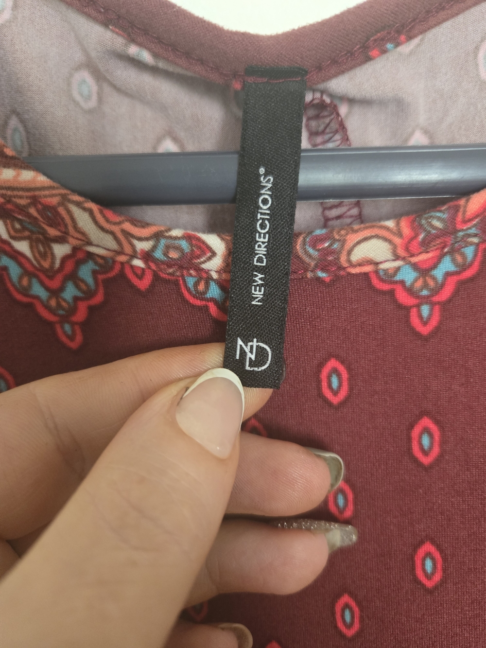 4/$15 Boho Printed Long Sleeve Swing Dress - Burgundy Retro Cottagecore - Picture 5 of 7